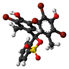 Ball-and-stick model of the bromocresol green molecule in cyclic form