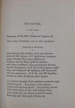 The first lines of "On Nature" from a 1908 copy of "The fragments of Empedocles," translated by William Ellery Leonard