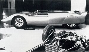 The P70 with De Tomaso Formula 3 in the foreground, at the Turin Racing Motor Show in 1965.