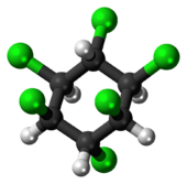 Ball-and-stick model of the lindane molecule (chair conformation)