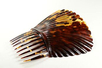 Photograph of a decoratively ridged comb made of tortoiseshell