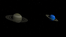 Two planets with rings, the left planet is brown, and the right is blue. The rings of both planets are yellow brown in color.