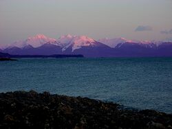 Mountain view at Auke Bay, Alaska, showing distinctive purple tinges.