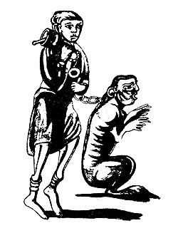Engraving showing a person keeping a changeling in chains.