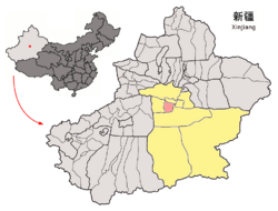 Location of Korla City (pink) in Bayin'gholin Prefecture (yellow) and Xinjiang