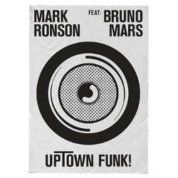 Capitalised words "Mark Ronson FEAT. Bruno Mars" stylised as "UpTown Funk!" with capital T and exclamation point. A black and white speaker box in the middle of the image.