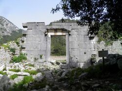 Roman Temple, probably of Marcus Aurelius according to an inscription found on a statue base erected in his honour, Olympos, Turkey (9657207688).jpg