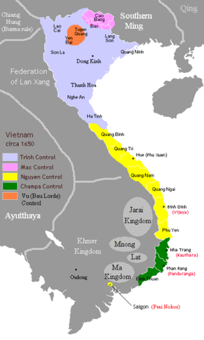 Map shows the division of Vietnam territory among Nguyễn lords (yellow), Lê – Trịnh lords (purple), Mạc dynasty domain (pink), Bầu lords (orange), and Champa (green) in the Lê–Mạc War.