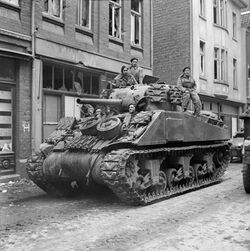 A Sherman tank of 8th Armoured Brigade in Kevelaer, Germany, 4 March 1945. B15145.jpg