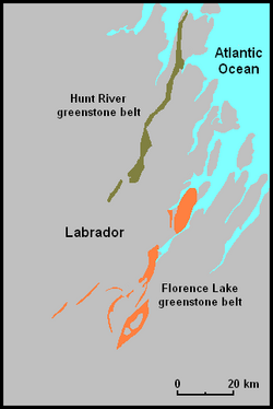 This is a map of the Hunt River and Florence Lake greenstone belts in Labrador, Canada.