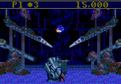 A screenshot of gameplay. The game's levels clearly represent a pinball machine with flippers to either side. Sonic the Hedgehog, who is acting as a pinball, is being propelled upwards in the centre of the screen after being hit by one of the flippers. The game's interface is shown at the top of the screen, showing the player's number of lives and total score.