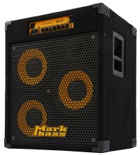 A portable bass amplifier/speaker cabinet is shown. This Markbass brand unit has three ten-inch loudspeakers.