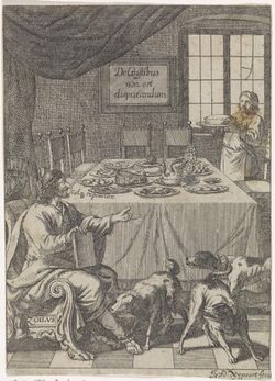 Zoilus zit bij een gedekte tafel De Gustibus non est disputandum (titel op object), RP-P-1882-A-6040.jpg