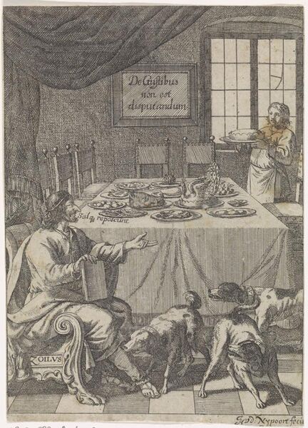 File:Zoilus zit bij een gedekte tafel De Gustibus non est disputandum (titel op object), RP-P-1882-A-6040.jpg
