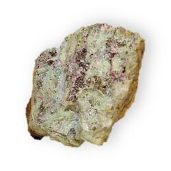 Alumohydrocalcite in nickel stained rock Hydrous basic calcium aluminum carbonate Mount Hamilton Santa Clara County California 2321.jpg