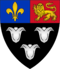 Arms of Eton College: Sable, three lily-flowers argent on a chief per pale azure and gules in the dexter a fleur-de-lys in the sinister a lion passant guardant.