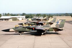 Side view of jets in two-tone green camouflage livery parked side by side on ramp.