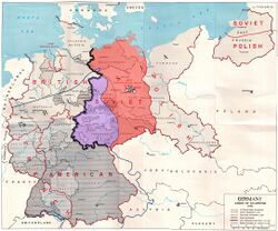 Map showing the Allied zones of occupation in post-war Germany, as well as the line of U.S. forward positions on V-E Day. The south-western part of the Soviet occupation zone, close to a third of its overall area was west of the U.S. forward positions on V-E day.