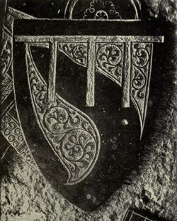 Hastings arms, detail from monumental brass of Sir Hugh Hastings (died 1347), St Mary's Church, Elsing.jpg