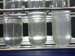 Three clear test tubes containing solutions of successively increasing turbidity.