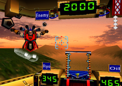 A huge robot that looks like a Kabuki performer facing the player, who is inside the cockpit of another robot, a sunset background, and meters inside the cockpit reading "Enemy 2000", "Ryo 345", "Oil 465"