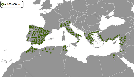 Map of production in the Mediterranean basin. o = 100,000 metric tons (98,000 long tons; 110,000 short tons)/year.