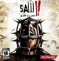 An image of the boxart which features a man's head inside a steel cage behind a mostly beige backdrop. The words "Saw II Flesh & Blood" are written above the man in black letters with a red "II", made to resemble finger streaks of blood. The cropped official North American box art