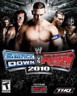 5 different WWE wrestlers are on the top of a background that's supposed to represent a stage of an WWE event. On the middle is the game's logo. The bottom has a crowd and the ECW logo.