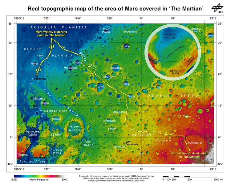 File:The route of 'The Martian' - from Chryse Planitia over Arabia Terra in the Martian highlands to Ares 4.jpg