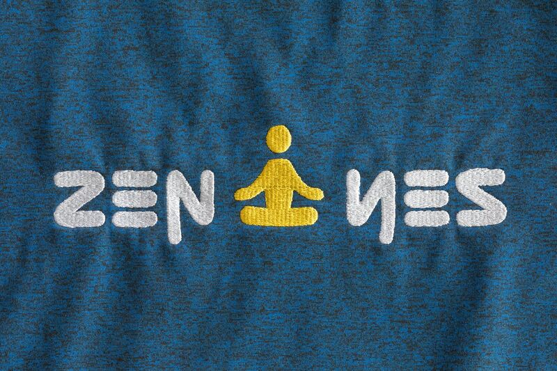 File:Ambigram Zen Yes text with meditation pictogram, embroidered on a blue T-shirt.jpg