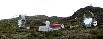 Image of MAGIC telescopes with some of the other facilities at the Roque de los Muchachos Observatory