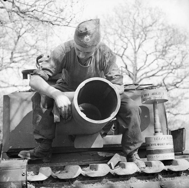 File:The 29cm Petard spigot mortar on a Churchill AVRE of 79th Squadron, 5th Assault Regiment, Royal Engineers, under command of 3rd Infantry Division, 29 April 1944. A 40lb bomb can be seen on the right. H38001.jpg