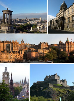 Clockwise from top-left: View from Calton Hill, Old College, Old Town from Princes Street, Edinburgh Castle, Princes Street from Calton Hill