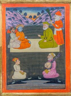 Guru Nanak in-discussion with Gorakhnath, painting from an 1830's Janamsakhi (life stories) 02.jpg