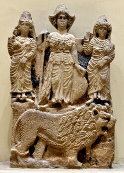 Relief of the Arabian goddess Al-Lat, Manat and al-Uzza from Hatra. Iraq Museum.jpg