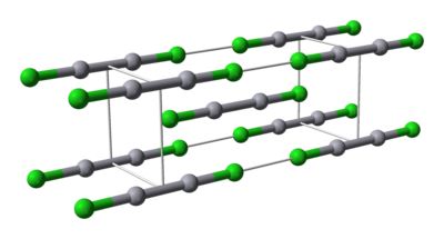 Ball-and-stick model of calomel's unit cell
