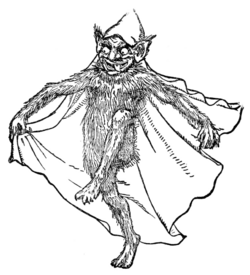 An illustration of a small, hairy mischievous-looking humanoid creature with large, bat-like ears wearing a hooded cloak.