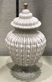 white jar with fine stripes