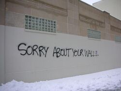 graffiti art on a wall stating "SORRY ABOUT YOUR WALL"