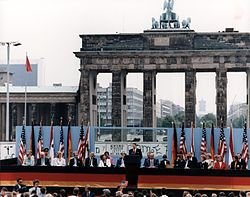 President Reagan giving a speech at the Berlin Wall, Brandenburg Gate, Federal Republic of Germany. June 12, 1987.jpg