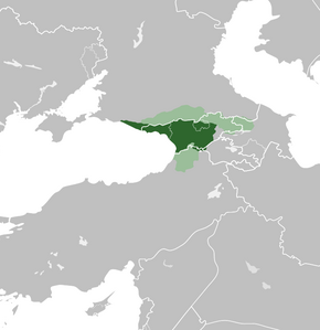 The Kingdom of Abkhazia from 850–950, at the peak of its territorial expansion. (Superimposed on modern borders.)   Kingdom of Abkhazia   Tributaries and sphere of influences