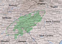 Symphyotrichum retroflexum native distribution map: US – Alabama, Georgia, North Carolina, South Carolina, Tennessee, and Virginia. Source: USDA, NRCS PLANTS Database with added information from John C. Semple's Astereae Lab.