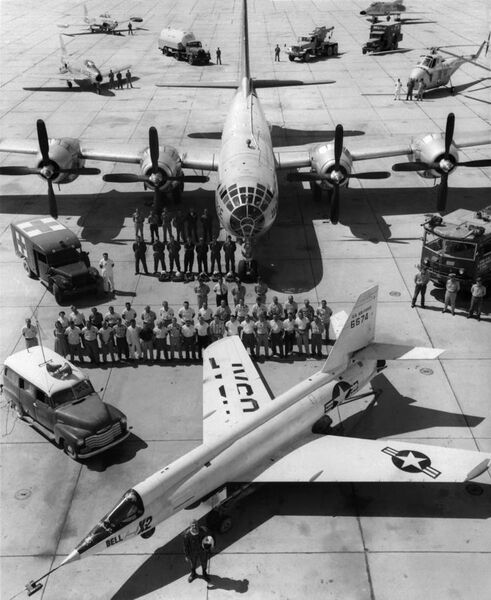 File:X-2 on ramp with B-50 mothership and support crew.jpg