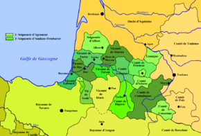 The duchy of Gascony / Vasconia (green) in 1150