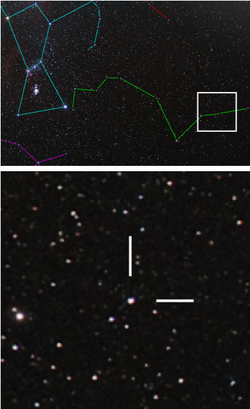 The upper photograph shows a region of many point-like stars with coloured lines marking the constellations. The lower image shows several stars and two white lines.