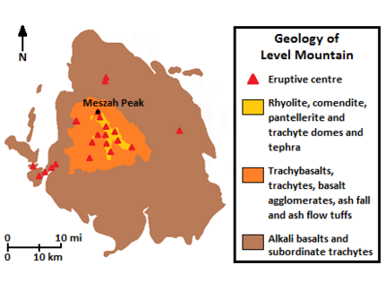 A diagram explaining the distribution of rocks forming a large, oval-shaped volcano