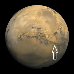 Viking image of Mars with arrow showing location of seasonal flows.jpg