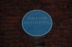 Plaque reads 'William Withering M.D., F.R.S. 1741-1799 Physician and Botanist lived here' and 'Birmingham Civic Society 1988'