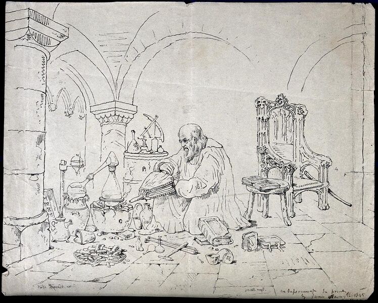File:Roger Bacon conducting an alchemical experiment in a vaulted Wellcome V0025604.jpg