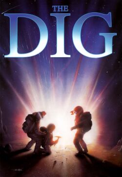 The cover artwork for The Dig, displaying the three astronauts in the story